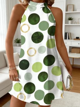Women Sleeveless Halter Dress Back Bow Tie Polka Dot Print Loose Fit Mini Dress Summer Beach Casual Short Dresses