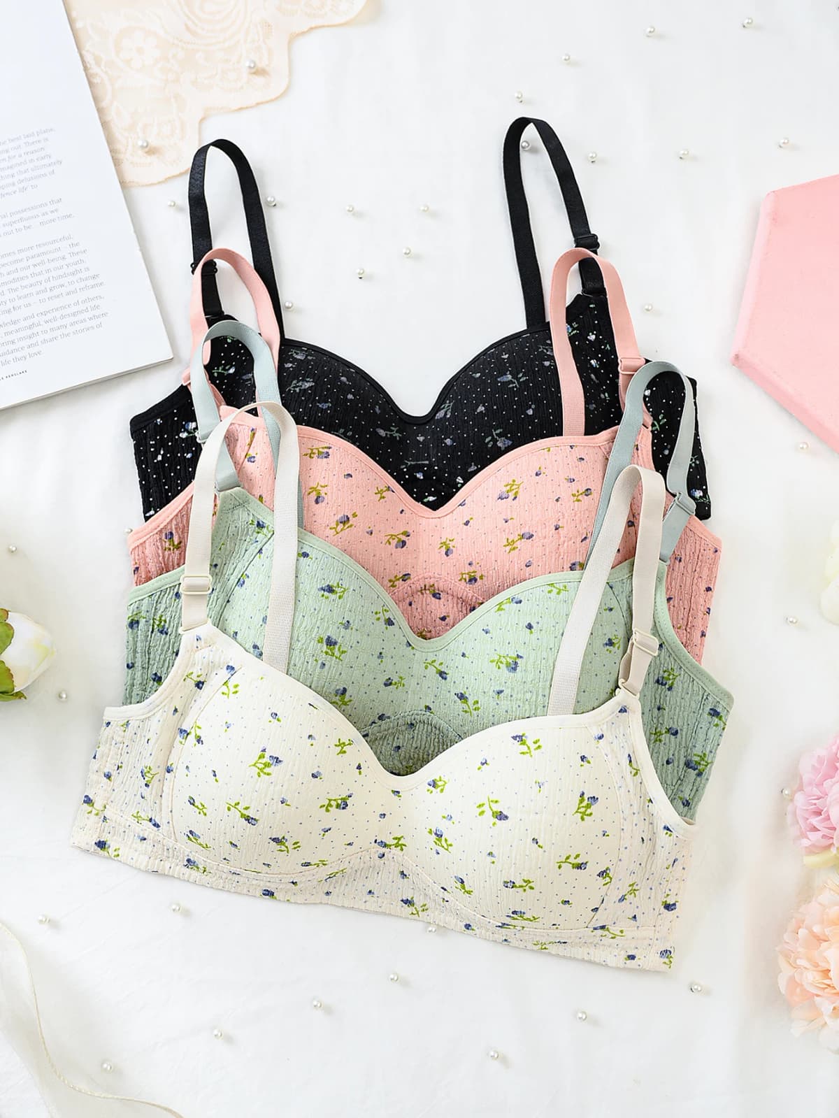 4 pcs girls' bras, training bras, small floral print underwear, non-removable chest pads, with adjustable straps, sport