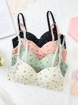 4 pcs girls' bras, training bras, small floral print underwear, non-removable chest pads, with adjustable straps, sport