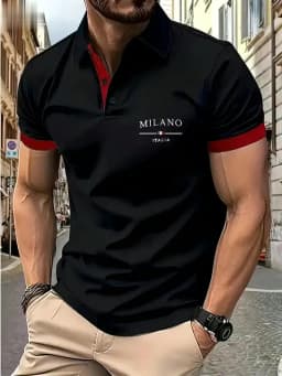American Men's Summer Minimalist Letter Italian Print Comfortable Breathable Polo Short-Sleeved T-Shirt Outdoor Casual Top