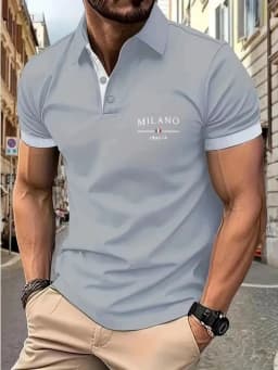 American Men's Summer Minimalist Letter Italian Print Comfortable Breathable Polo Short-Sleeved T-Shirt Outdoor Casual Top