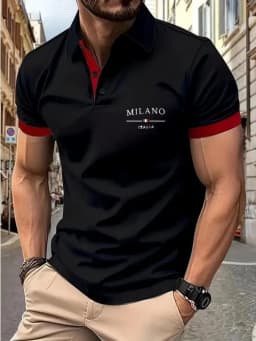 American Men's Summer Minimalist Letter Italian Print Comfortable Breathable Polo Short-Sleeved T-Shirt Outdoor Casual Top