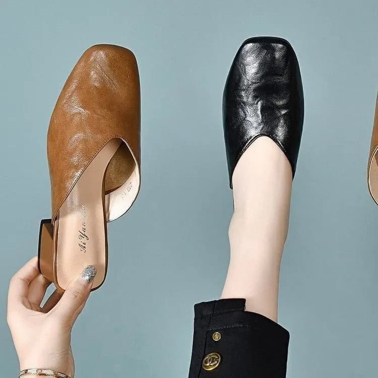 Women's Retro Square-Toe Chunky Heel Mules, Soft Leather Comfortable Slip-On Sandals, Suitable for Daily and Office Wear 2026
