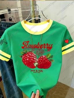 2026 Womens Short Sleeve Color-Block Fresh Raspberry Print Y2k T Shirt Girl Round Neck Tee Outdoor Sports Adult Women's T-Shirt