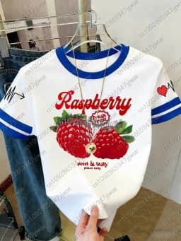 2026 Womens Short Sleeve Color-Block Fresh Raspberry Print Y2k T Shirt Girl Round Neck Tee Outdoor Sports Adult Women's T-Shirt