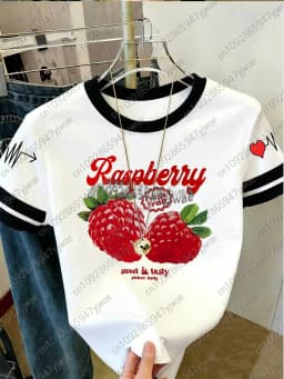2026 Womens Short Sleeve Color-Block Fresh Raspberry Print Y2k T Shirt Girl Round Neck Tee Outdoor Sports Adult Women's T-Shirt