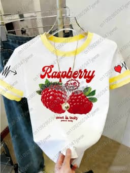 2026 Womens Short Sleeve Color-Block Fresh Raspberry Print Y2k T Shirt Girl Round Neck Tee Outdoor Sports Adult Women's T-Shirt