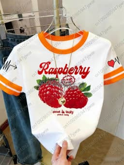 2026 Womens Short Sleeve Color-Block Fresh Raspberry Print Y2k T Shirt Girl Round Neck Tee Outdoor Sports Adult Women's T-Shirt