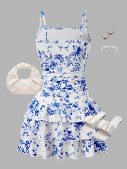 Kids Girls Blue Floral Print Cami Dress Ruched Waist Tiered Ruffle Hem Sundress Summer Beach Vacation Casual Outfit