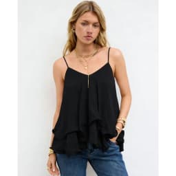 Women Chiffon Camisole Top Spaghetti Strap V Neck Ruffled Flowy Sleeveless Elegant Casual Layered Hem Tank Tops for Daily Party