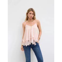 Women Chiffon Camisole Top Spaghetti Strap V Neck Ruffled Flowy Sleeveless Elegant Casual Layered Hem Tank Tops for Daily Party