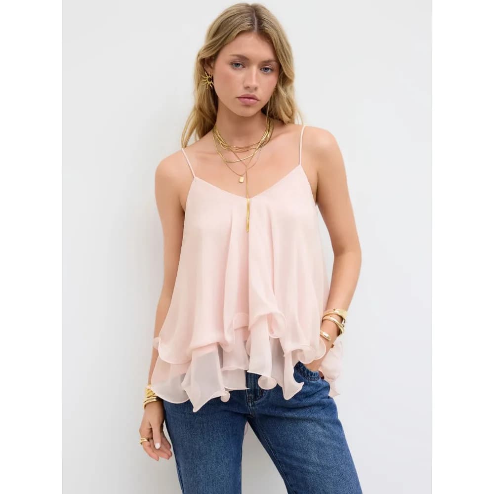 Women Chiffon Camisole Top Spaghetti Strap V Neck Ruffled Flowy Sleeveless Elegant Casual Layered Hem Tank Tops for Daily Party