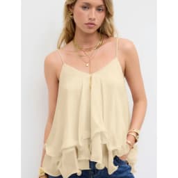 Women Chiffon Camisole Top Spaghetti Strap V Neck Ruffled Flowy Sleeveless Elegant Casual Layered Hem Tank Tops for Daily Party
