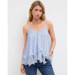 Women Chiffon Camisole Top Spaghetti Strap V Neck Ruffled Flowy Sleeveless Elegant Casual Layered Hem Tank Tops for Daily Party