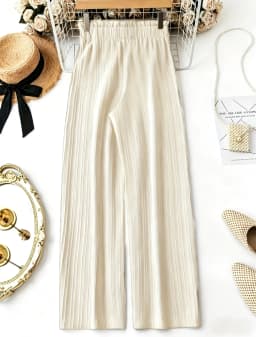 Women Bow Tie High Waist Wide Leg Pants, Casual Solid Textured Elastic Waist Summer Trousers