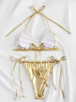 Women Bikini Set 2025 Summer Metallic Gold Shiny Halter Triangle Tie Side String Sexy Swimwear Female Beach Vacation Bathing Sui