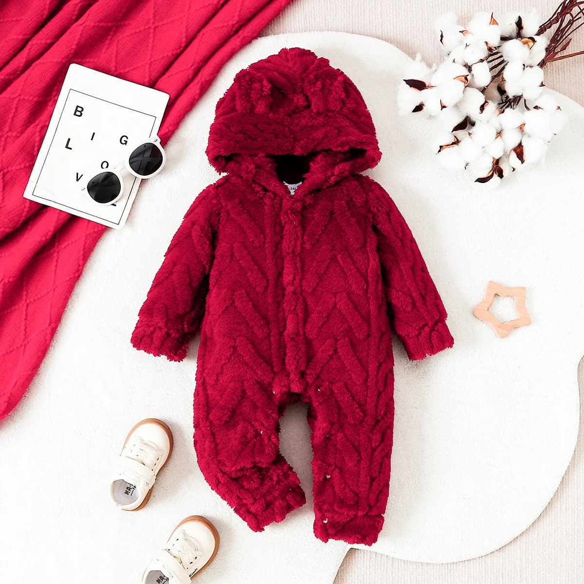 1pc Winter Baby Red Bear Ear Fleece Jumpsuit, Soft Warm Hooded Romper, Sweet Style, Daily/Photoshoot/Wear, 0-12M, Thick Fabric