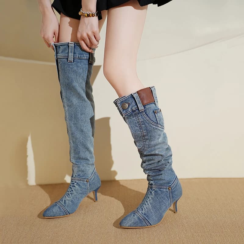 2026 Hot Girls' High-Waisted Knee-High Boots: Washed Denim Booties for Women with Pointed Toes and Stiletto Heels