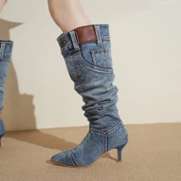 2026 Hot Girls' High-Waisted Knee-High Boots: Washed Denim Booties for Women with Pointed Toes and Stiletto Heels