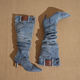 2026 Hot Girls' High-Waisted Knee-High Boots: Washed Denim Booties for Women with Pointed Toes and Stiletto Heels