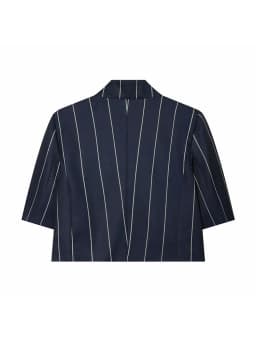 Women Blue Stripe Cropped Blazer Pant Sets Women Stand Neck Short Sleeve Jacket Straight Pants Summer Fashion Lady Suit