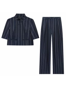 Women Blue Stripe Cropped Blazer Pant Sets Women Stand Neck Short Sleeve Jacket Straight Pants Summer Fashion Lady Suit
