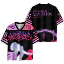 New Anime Neon Genesis Evangelion Rei Ayanami Print Mesh Jersey T-shirt Men Oversized Streetwear V-Neck Casual Short Sleeve Tops