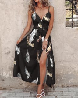 Women's V Neck Spaghetti Strap Feather Print Maxi Dress with Front Tie and High Side Slit for Summer Evening Party Wear