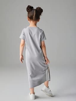 Kids Girls Gray Casual Midi Dress, Short Sleeve Crew Neck Dress with Side Stripes & Shoulder Cutouts for Daily Wear