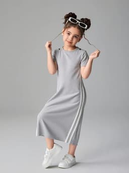 Kids Girls Gray Casual Midi Dress, Short Sleeve Crew Neck Dress with Side Stripes & Shoulder Cutouts for Daily Wear
