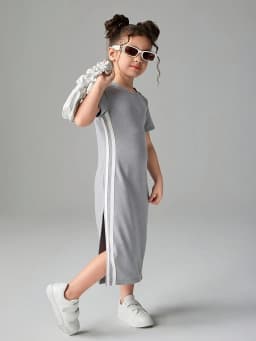 Kids Girls Gray Casual Midi Dress, Short Sleeve Crew Neck Dress with Side Stripes & Shoulder Cutouts for Daily Wear
