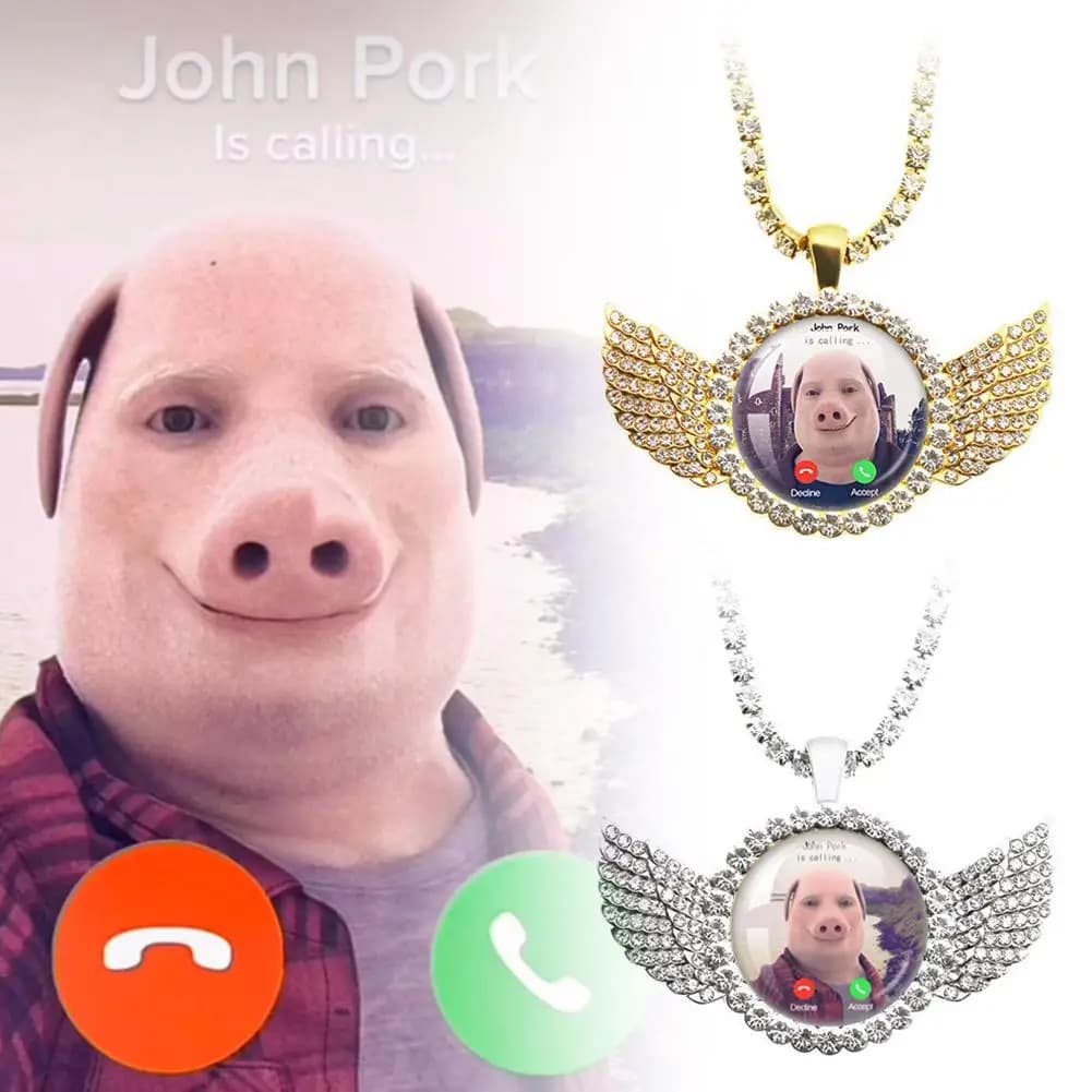 For John Pork Is Calling Answer Call Phone Humor Funny Pig Lover Graphic The Moon Necklace Angel Wings Pendant Necklace Gift