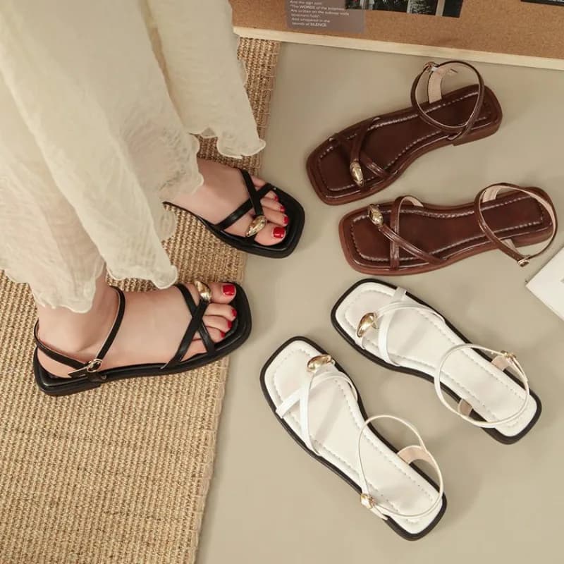 Sandals Women 2026 Summer New Fashion Square Toe Roman Shoes Simple Fairy Strap Women Shoes Flat Casual Shoe Sandalias De Mujer