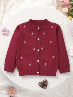 Girls' Knitted Round-Neck Cardigan with Handmade Floral Embroidery Pattern