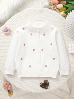 Girls' Knitted Round-Neck Cardigan with Handmade Floral Embroidery Pattern