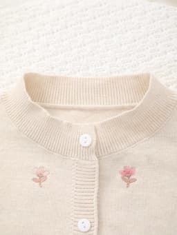 Girls' Knitted Round-Neck Cardigan with Handmade Floral Embroidery Pattern