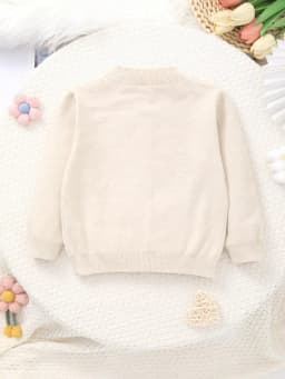 Girls' Knitted Round-Neck Cardigan with Handmade Floral Embroidery Pattern