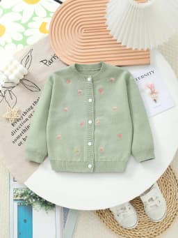 Girls' Knitted Round-Neck Cardigan with Handmade Floral Embroidery Pattern