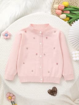 Girls' Knitted Round-Neck Cardigan with Handmade Floral Embroidery Pattern