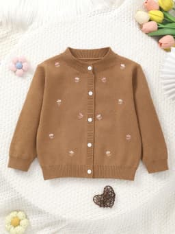 Girls' Knitted Round-Neck Cardigan with Handmade Floral Embroidery Pattern