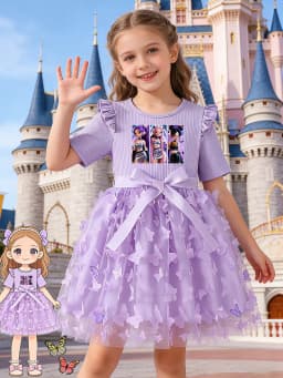 Girls Ins Style Dress, Ribbed Flutter Sleeve Top + 3D Butterfly Tulle Skirt Hem