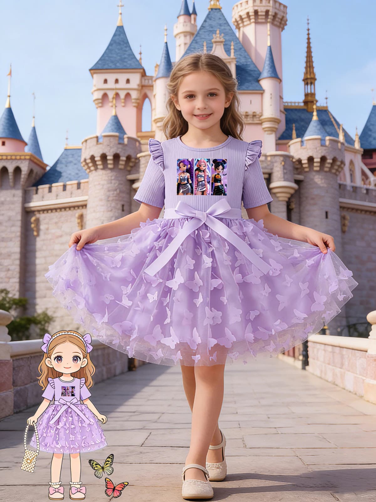 Girls Ins Style Dress, Ribbed Flutter Sleeve Top + 3D Butterfly Tulle Skirt Hem