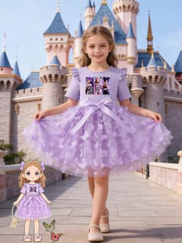 Girls Ins Style Dress, Ribbed Flutter Sleeve Top + 3D Butterfly Tulle Skirt Hem