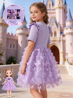 Girls Ins Style Dress, Ribbed Flutter Sleeve Top + 3D Butterfly Tulle Skirt Hem