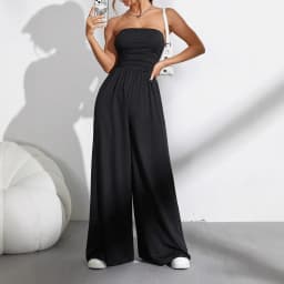 Women's Strapless Tube Top Jumpsuit Ruched High Waist Wide Leg Pants Casual Loose One-Piece Romper Summer Black
