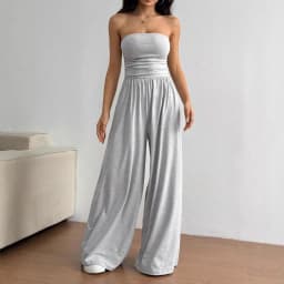 Women's Strapless Tube Top Jumpsuit Ruched High Waist Wide Leg Pants Casual Loose One-Piece Romper Summer Black