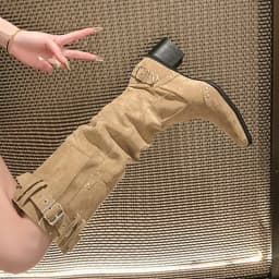 Khaki Suede Long Boots, Fashionable Pointed Toe, Retro Western Motorcycle Style, Pleated Stacked Boots for Women, Large Size