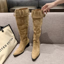 Khaki Suede Long Boots, Fashionable Pointed Toe, Retro Western Motorcycle Style, Pleated Stacked Boots for Women, Large Size