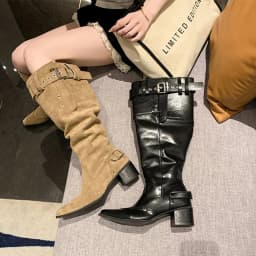 Khaki Suede Long Boots, Fashionable Pointed Toe, Retro Western Motorcycle Style, Pleated Stacked Boots for Women, Large Size