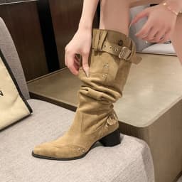 Khaki Suede Long Boots, Fashionable Pointed Toe, Retro Western Motorcycle Style, Pleated Stacked Boots for Women, Large Size